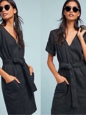 Pilcro and the Letterpress Black V-Neck Belted Anthropologie dress